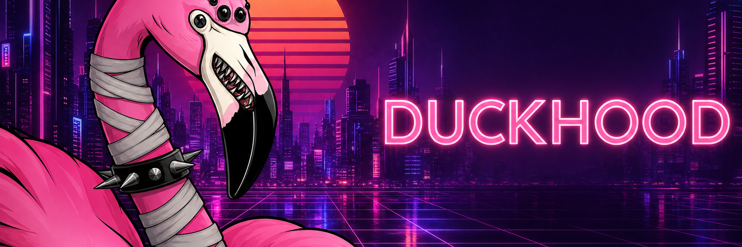 Duck Hood banner: a neon flamingo-duck character in a cyberpunk city